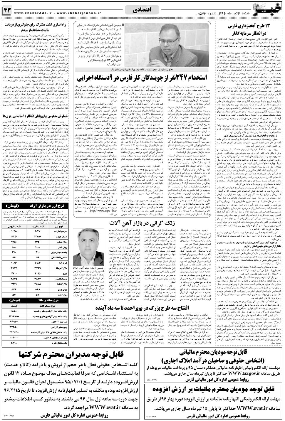 مشاهده صفحه ۳۳ روزنامه خبرجنوب تاریخ ۳  سال ۱۳۹۶