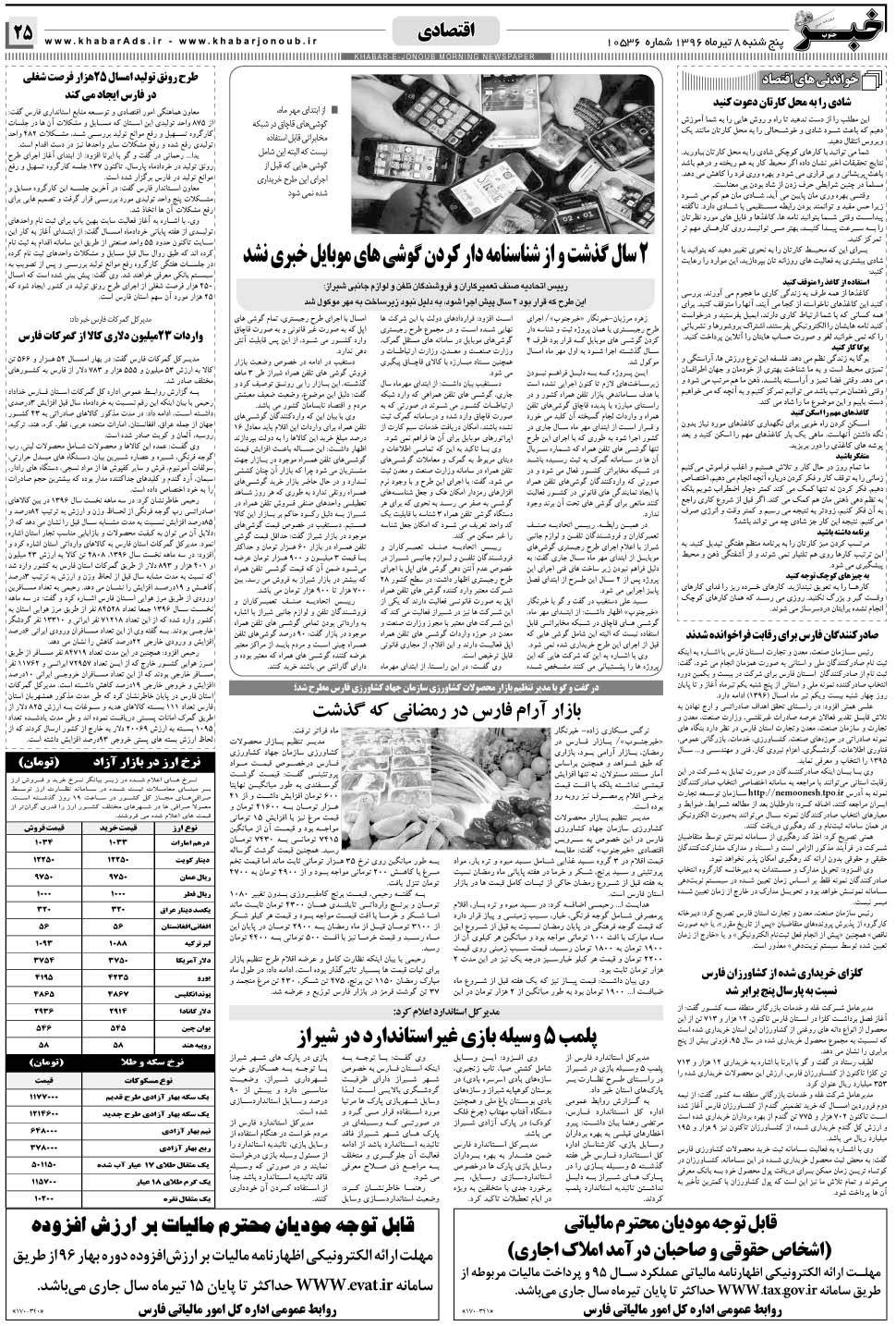 مشاهده صفحه ۲۵ روزنامه خبرجنوب تاریخ ۸  سال ۱۳۹۶