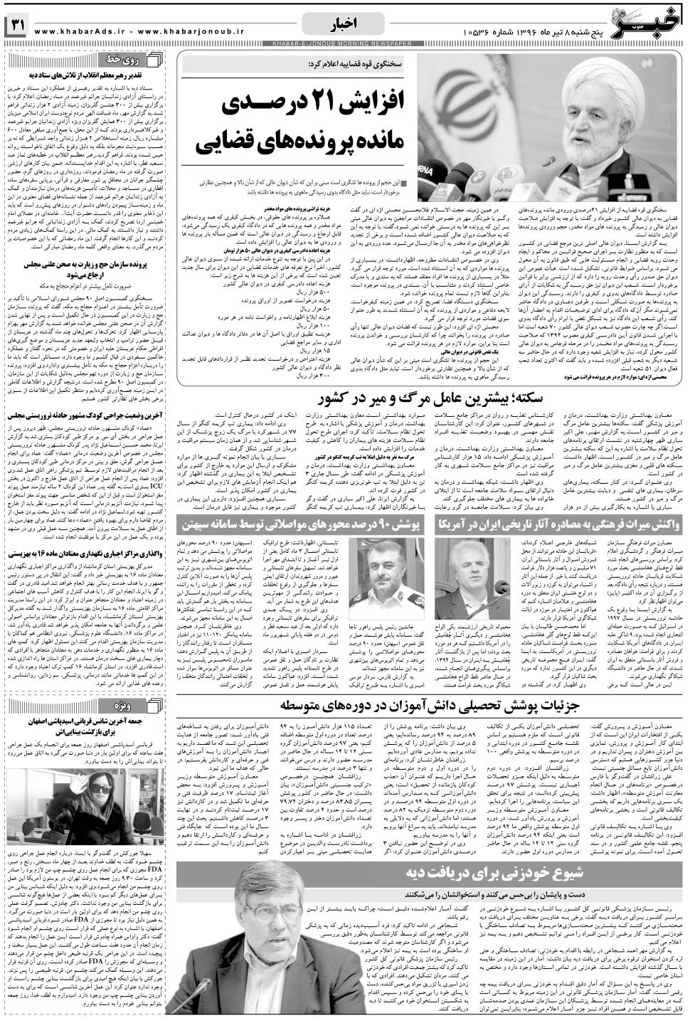 مشاهده صفحه ۳۱ روزنامه خبرجنوب تاریخ ۸  سال ۱۳۹۶