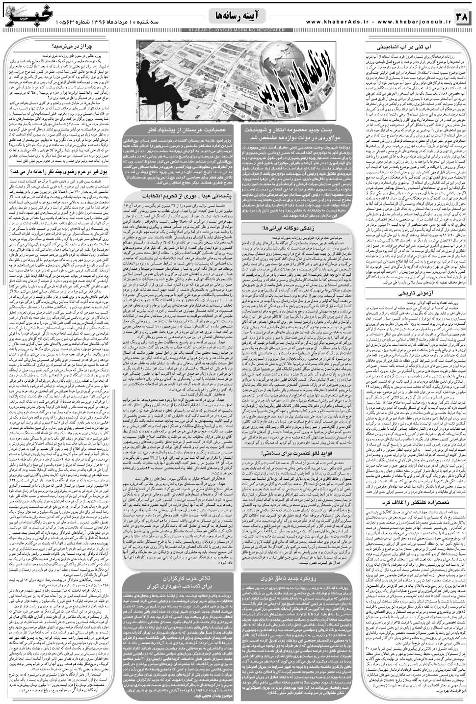 مشاهده صفحه ۳۸ روزنامه خبرجنوب تاریخ ۱۰  سال ۱۳۹۶