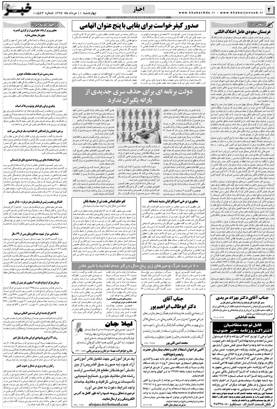 مشاهده صفحه ۲ روزنامه خبرجنوب تاریخ ۱۱  سال ۱۳۹۶