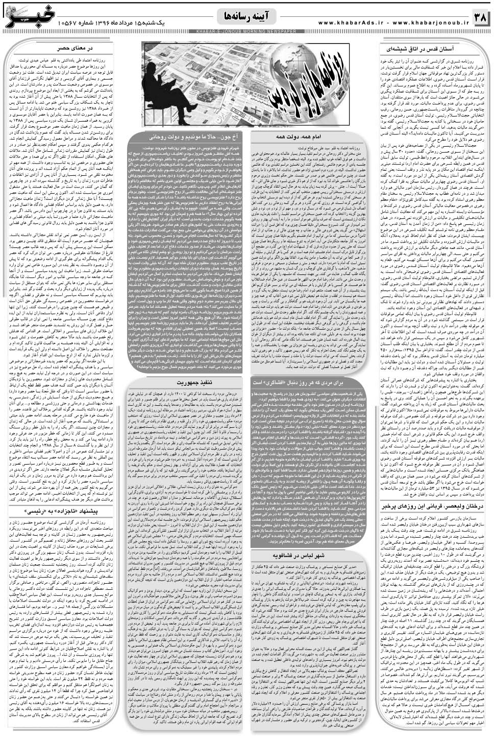مشاهده صفحه ۳۸ روزنامه خبرجنوب تاریخ ۱۵  سال ۱۳۹۶
