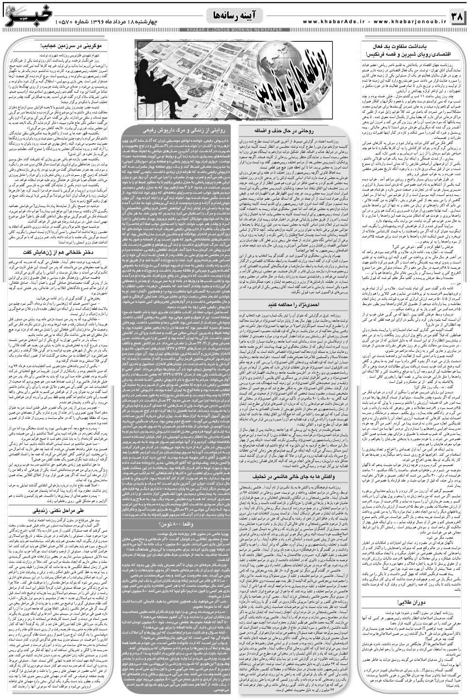 مشاهده صفحه ۳۸ روزنامه خبرجنوب تاریخ ۱۸  سال ۱۳۹۶
