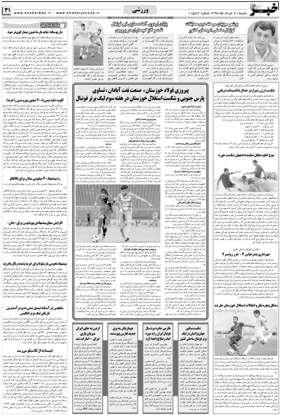 مشاهده صفحه ۳۱ روزنامه خبرجنوب تاریخ ۲۱  سال ۱۳۹۶