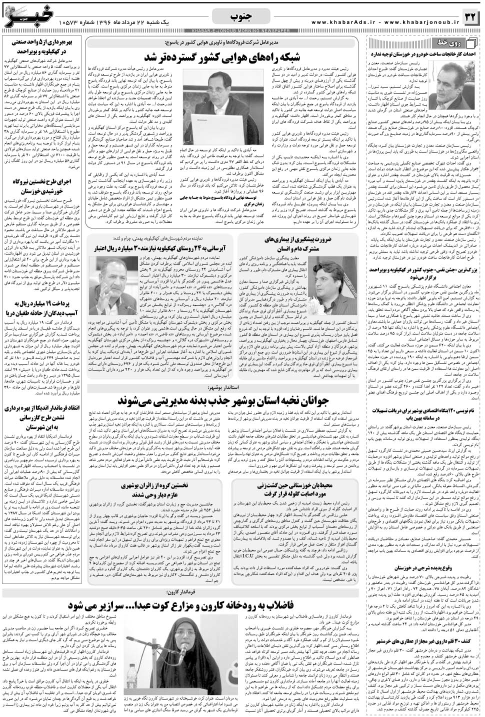 مشاهده صفحه ۳۲ روزنامه خبرجنوب تاریخ ۲۲  سال ۱۳۹۶