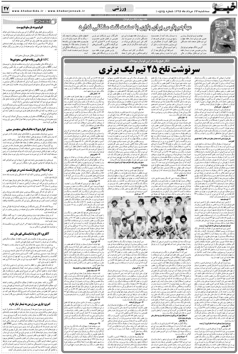 مشاهده صفحه ۲۷ روزنامه خبرجنوب تاریخ ۲۴  سال ۱۳۹۶