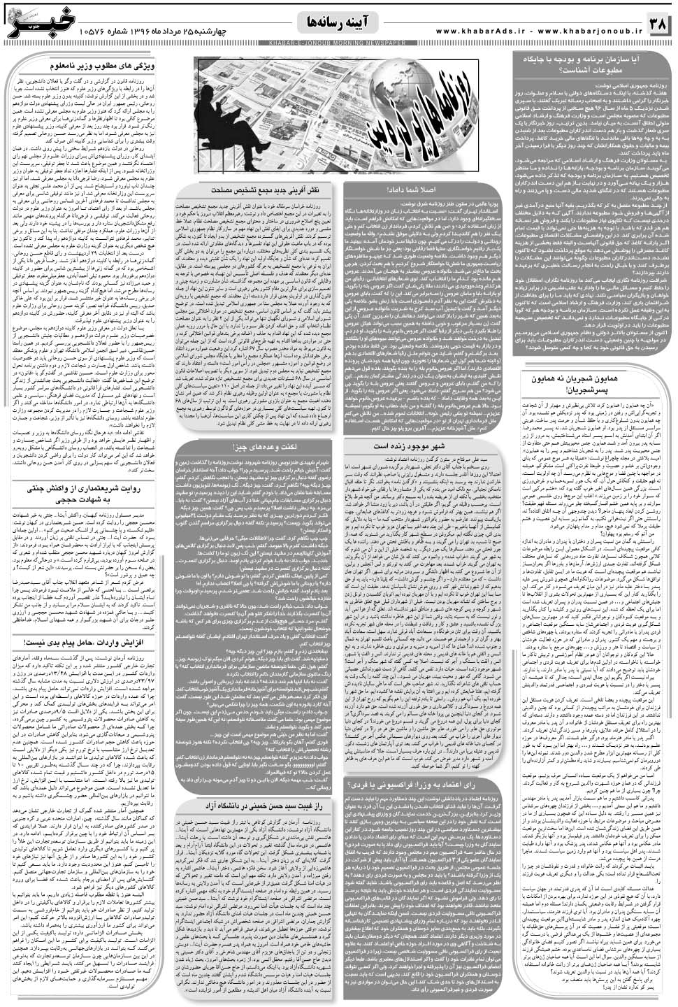 مشاهده صفحه ۳۸ روزنامه خبرجنوب تاریخ ۲۵  سال ۱۳۹۶