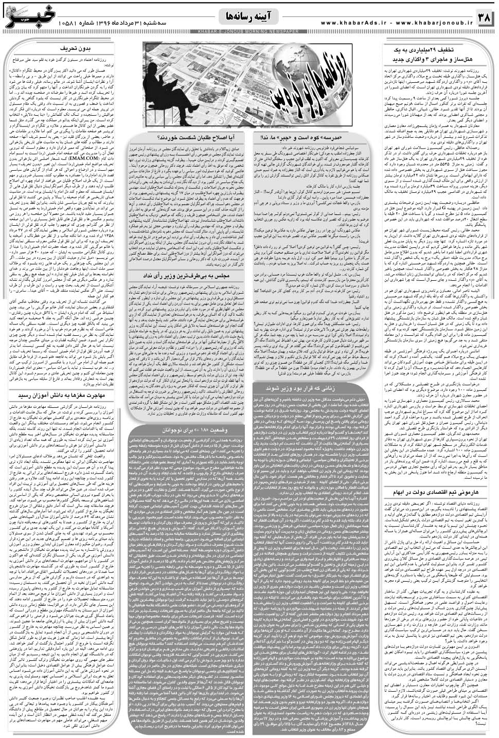 مشاهده صفحه ۳۸ روزنامه خبرجنوب تاریخ ۳۱  سال ۱۳۹۶