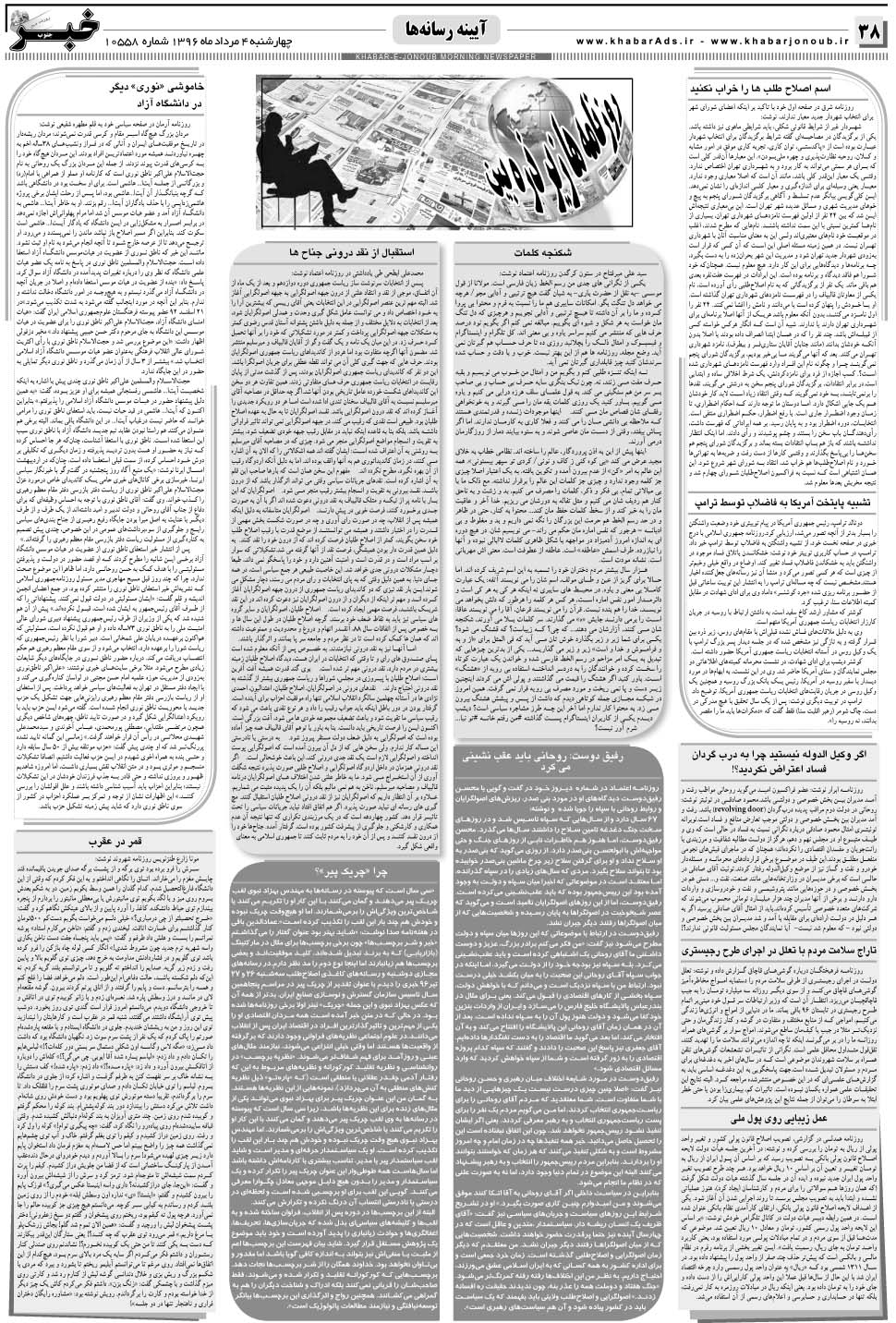 مشاهده صفحه ۳۸ روزنامه خبرجنوب تاریخ ۴  سال ۱۳۹۶