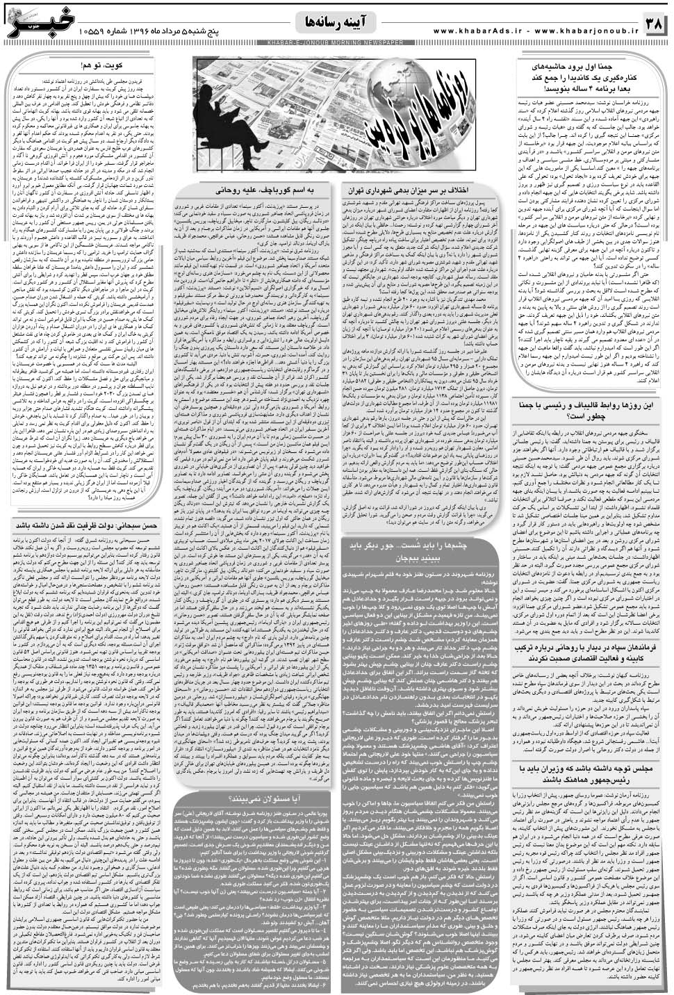 مشاهده صفحه ۳۸ روزنامه خبرجنوب تاریخ ۵  سال ۱۳۹۶