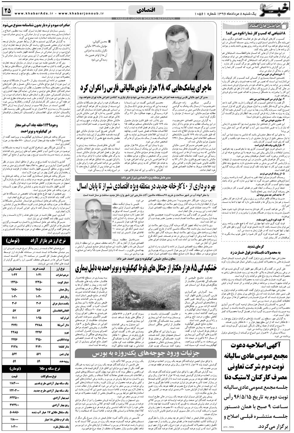 مشاهده صفحه ۲۵ روزنامه خبرجنوب تاریخ ۸  سال ۱۳۹۶