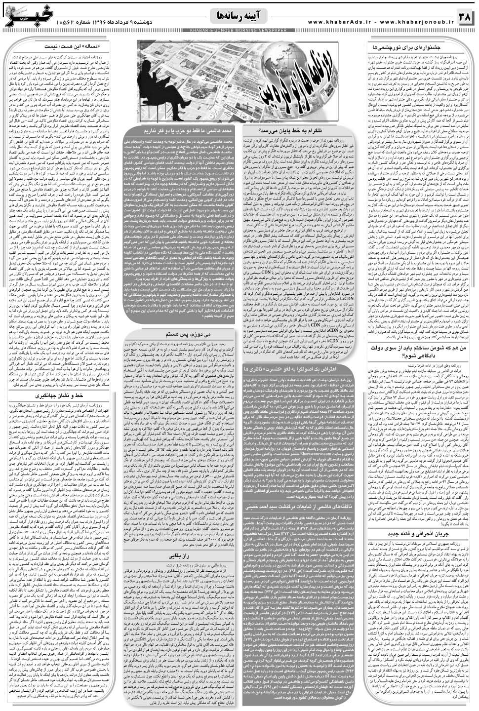 مشاهده صفحه ۳۸ روزنامه خبرجنوب تاریخ ۹  سال ۱۳۹۶