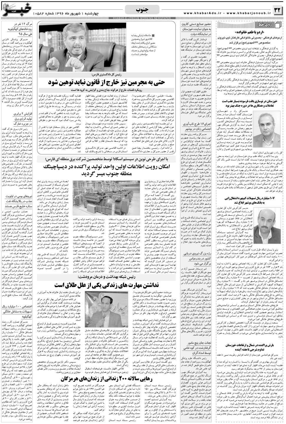 مشاهده صفحه ۳۲ روزنامه خبرجنوب تاریخ ۱  سال ۱۳۹۶