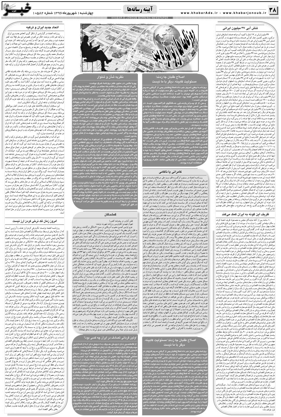 مشاهده صفحه ۳۸ روزنامه خبرجنوب تاریخ ۱  سال ۱۳۹۶