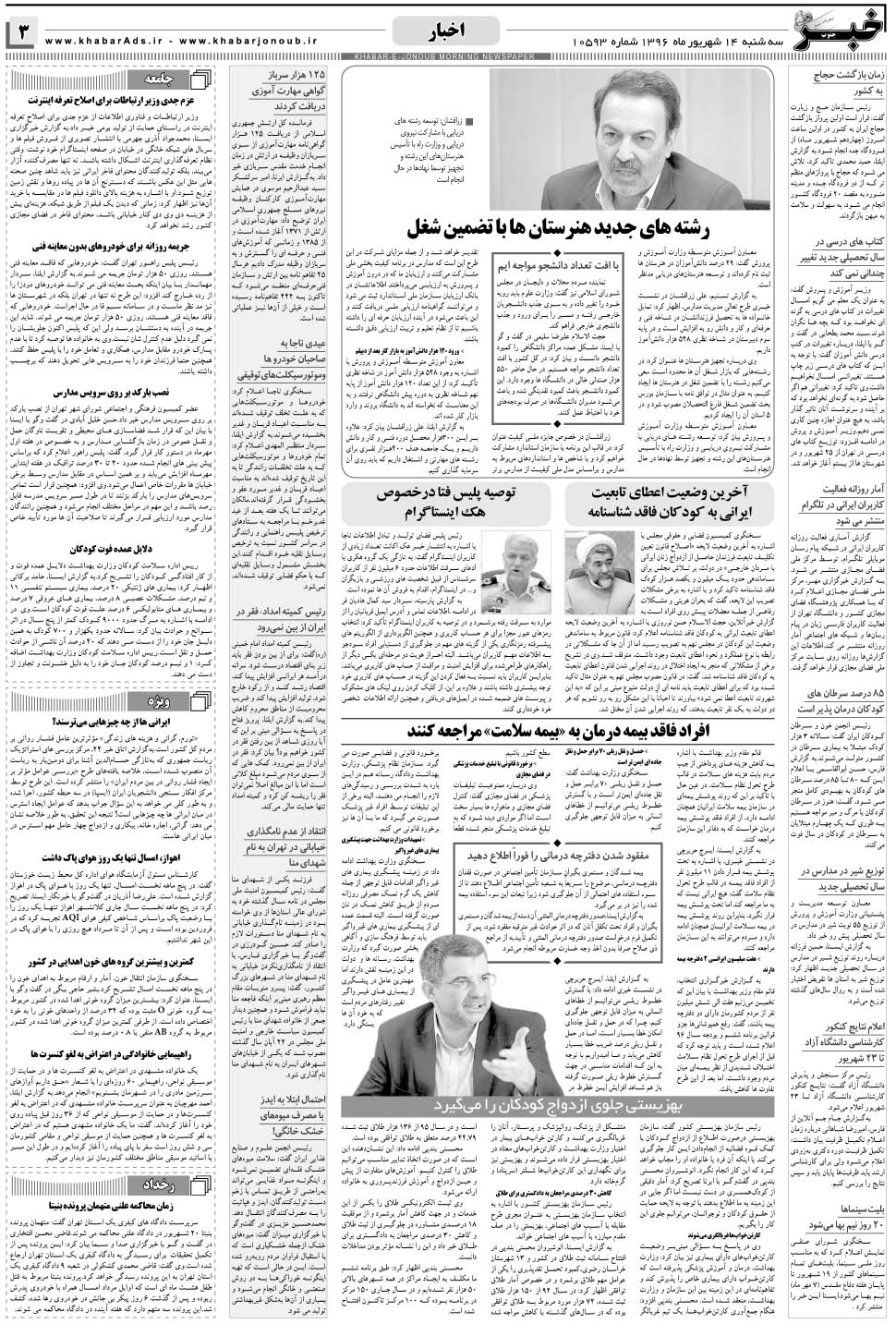 مشاهده صفحه ۳ روزنامه خبرجنوب تاریخ ۱۴  سال ۱۳۹۶
