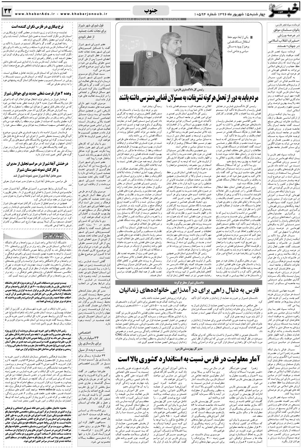 مشاهده صفحه ۳۳ روزنامه خبرجنوب تاریخ ۱۵  سال ۱۳۹۶