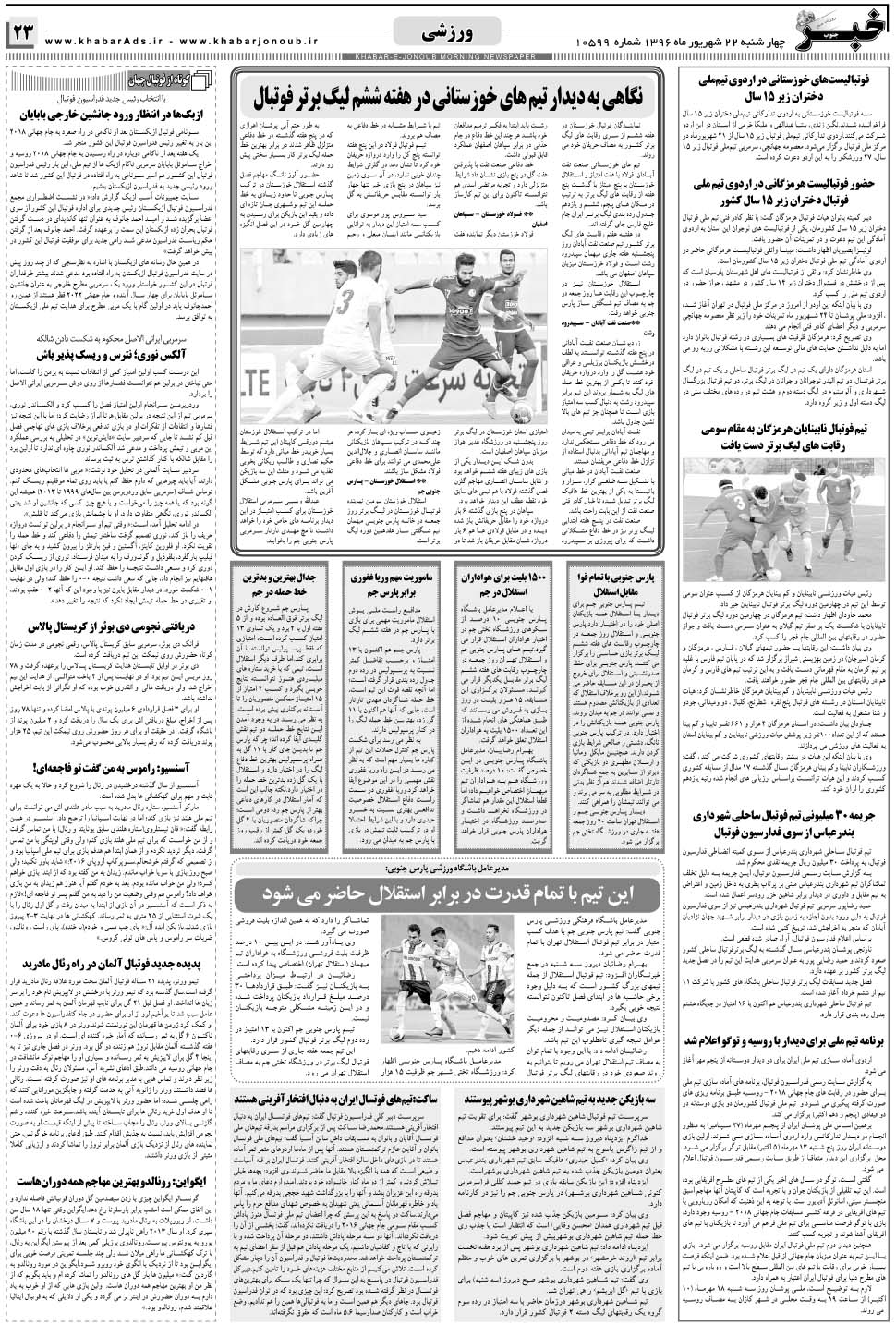 مشاهده صفحه ۲۳ روزنامه خبرجنوب تاریخ ۲۲  سال ۱۳۹۶