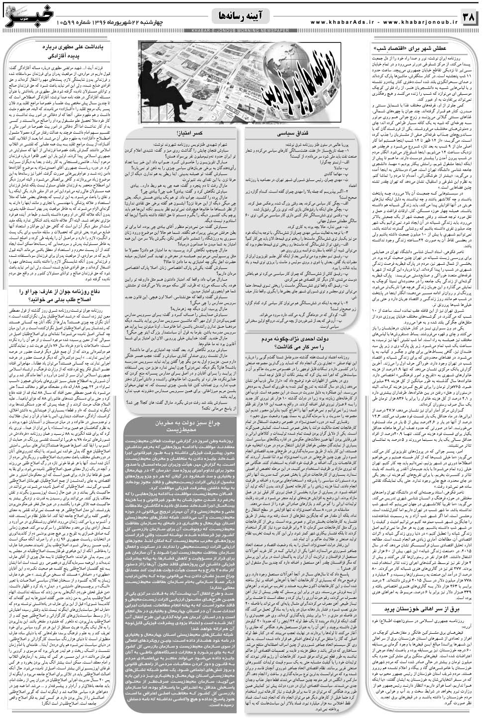 مشاهده صفحه ۳۸ روزنامه خبرجنوب تاریخ ۲۲  سال ۱۳۹۶