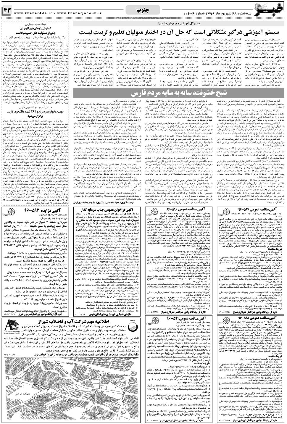 مشاهده صفحه ۳۳ روزنامه خبرجنوب تاریخ ۲۸  سال ۱۳۹۶