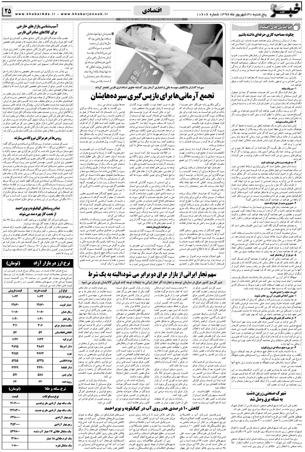 مشاهده صفحه ۲۵ روزنامه خبرجنوب تاریخ ۳۰  سال ۱۳۹۶