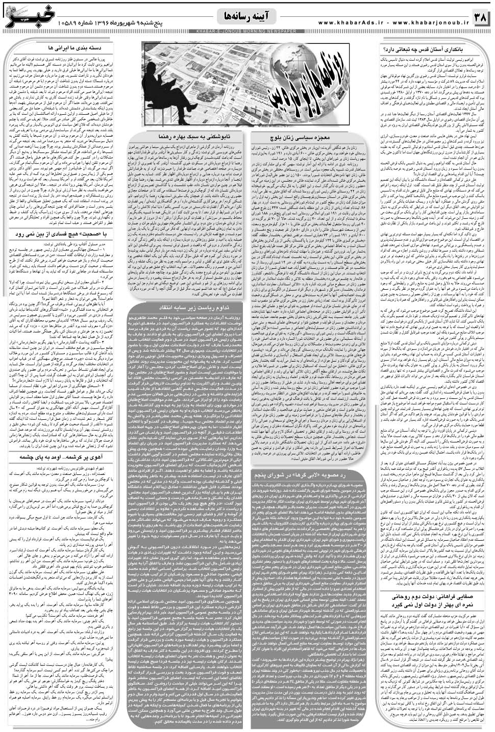 مشاهده صفحه ۳۸ روزنامه خبرجنوب تاریخ ۹  سال ۱۳۹۶