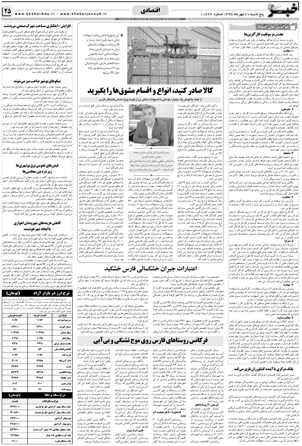مشاهده صفحه ۲۵ روزنامه خبرجنوب تاریخ ۲۰  سال ۱۳۹۶