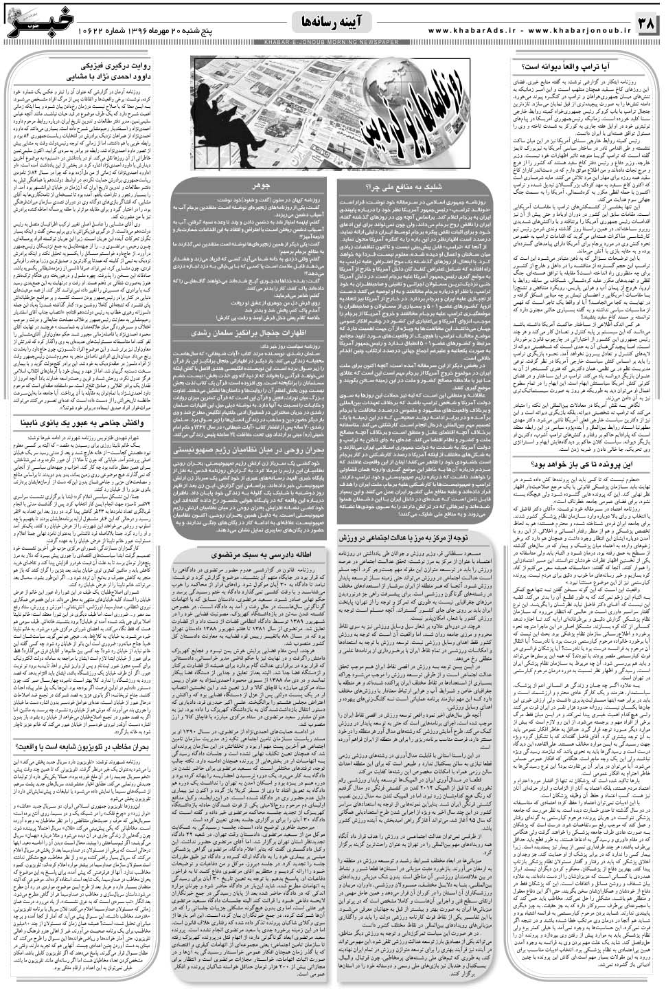 مشاهده صفحه ۳۸ روزنامه خبرجنوب تاریخ ۲۰  سال ۱۳۹۶