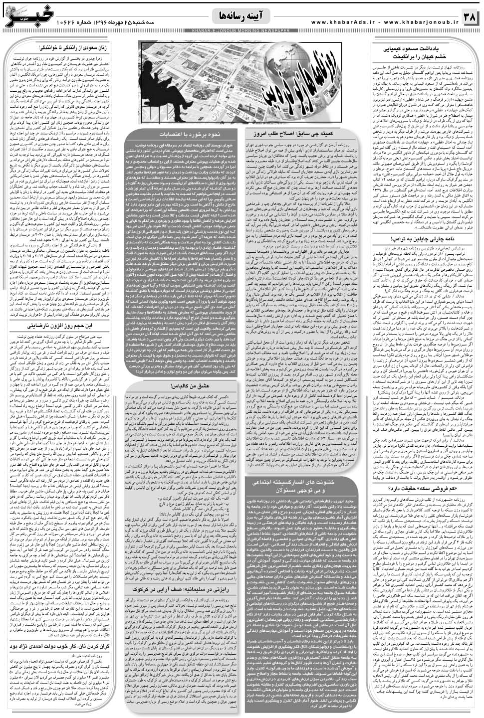 مشاهده صفحه ۳۸ روزنامه خبرجنوب تاریخ ۲۵  سال ۱۳۹۶