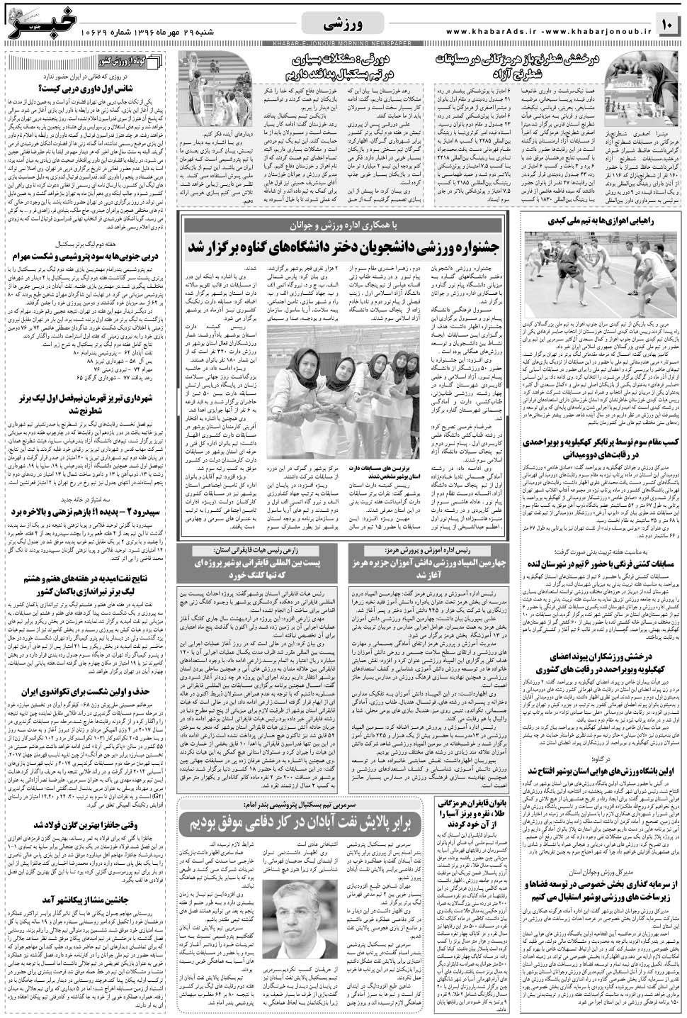 مشاهده صفحه ۱۰ روزنامه خبرجنوب تاریخ ۲۹  سال ۱۳۹۶
