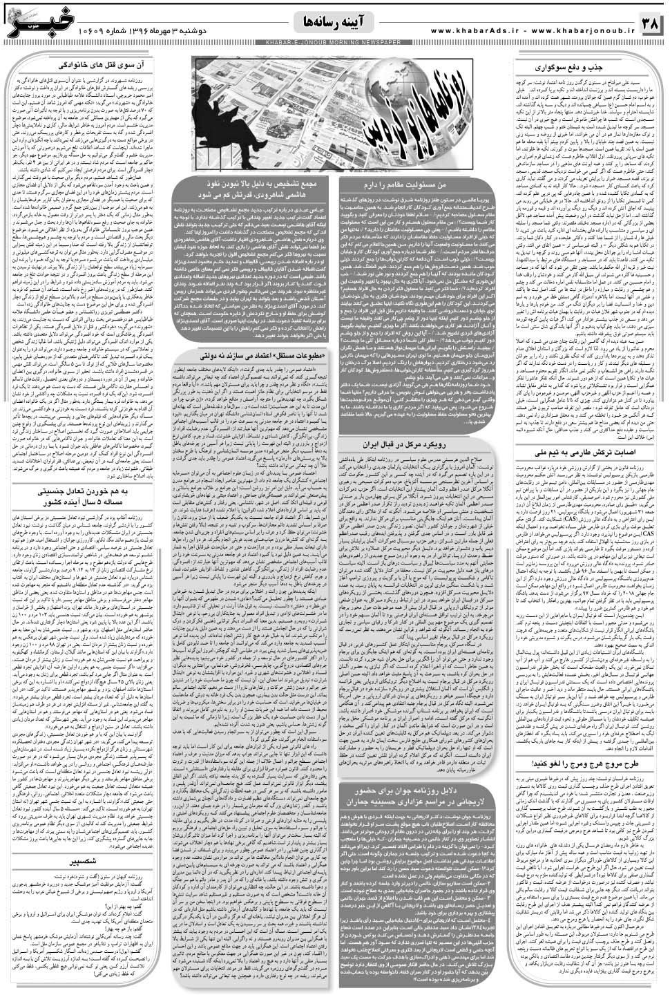 مشاهده صفحه ۳۸ روزنامه خبرجنوب تاریخ ۳  سال ۱۳۹۶