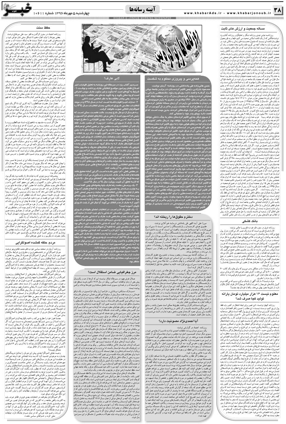 مشاهده صفحه ۳۸ روزنامه خبرجنوب تاریخ ۵  سال ۱۳۹۶