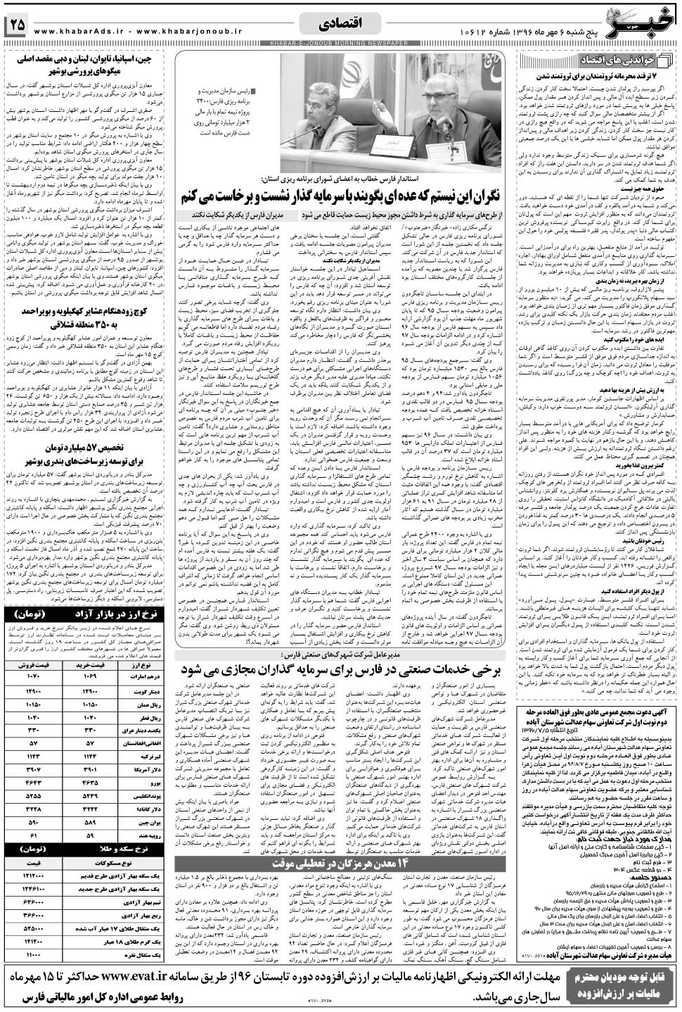 مشاهده صفحه ۲۵ روزنامه خبرجنوب تاریخ ۶  سال ۱۳۹۶