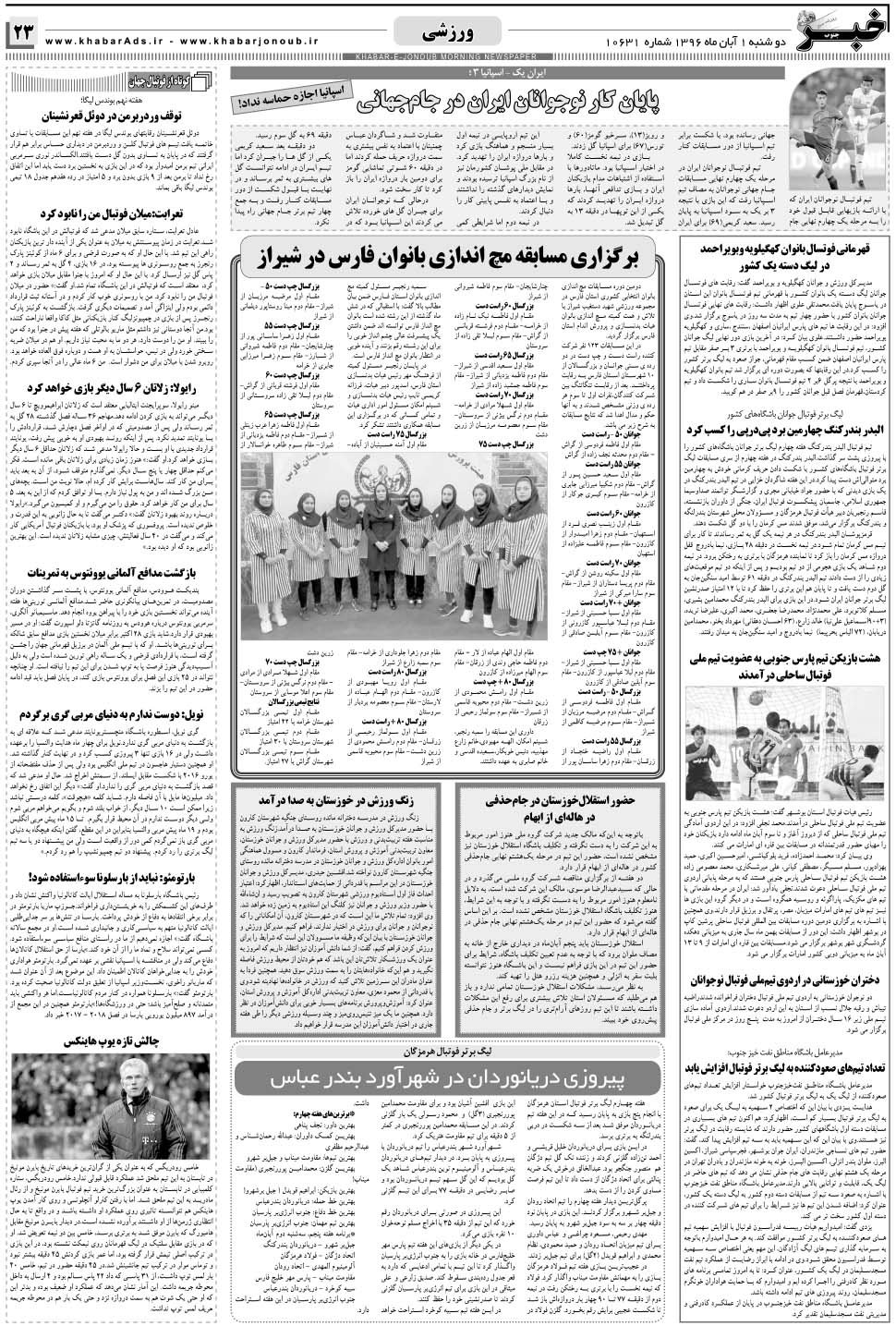 مشاهده صفحه ۲۳ روزنامه خبرجنوب تاریخ ۱  سال ۱۳۹۶
