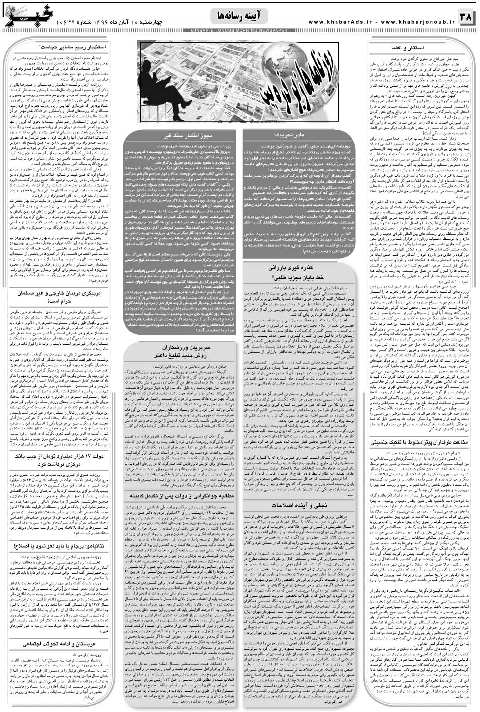 مشاهده صفحه ۳۸ روزنامه خبرجنوب تاریخ ۱۰  سال ۱۳۹۶