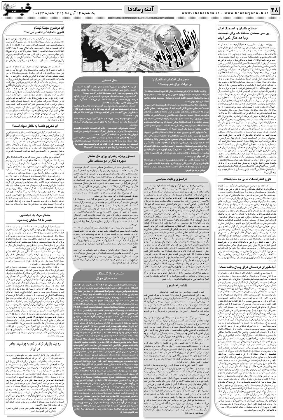 مشاهده صفحه ۳۸ روزنامه خبرجنوب تاریخ ۱۴  سال ۱۳۹۶