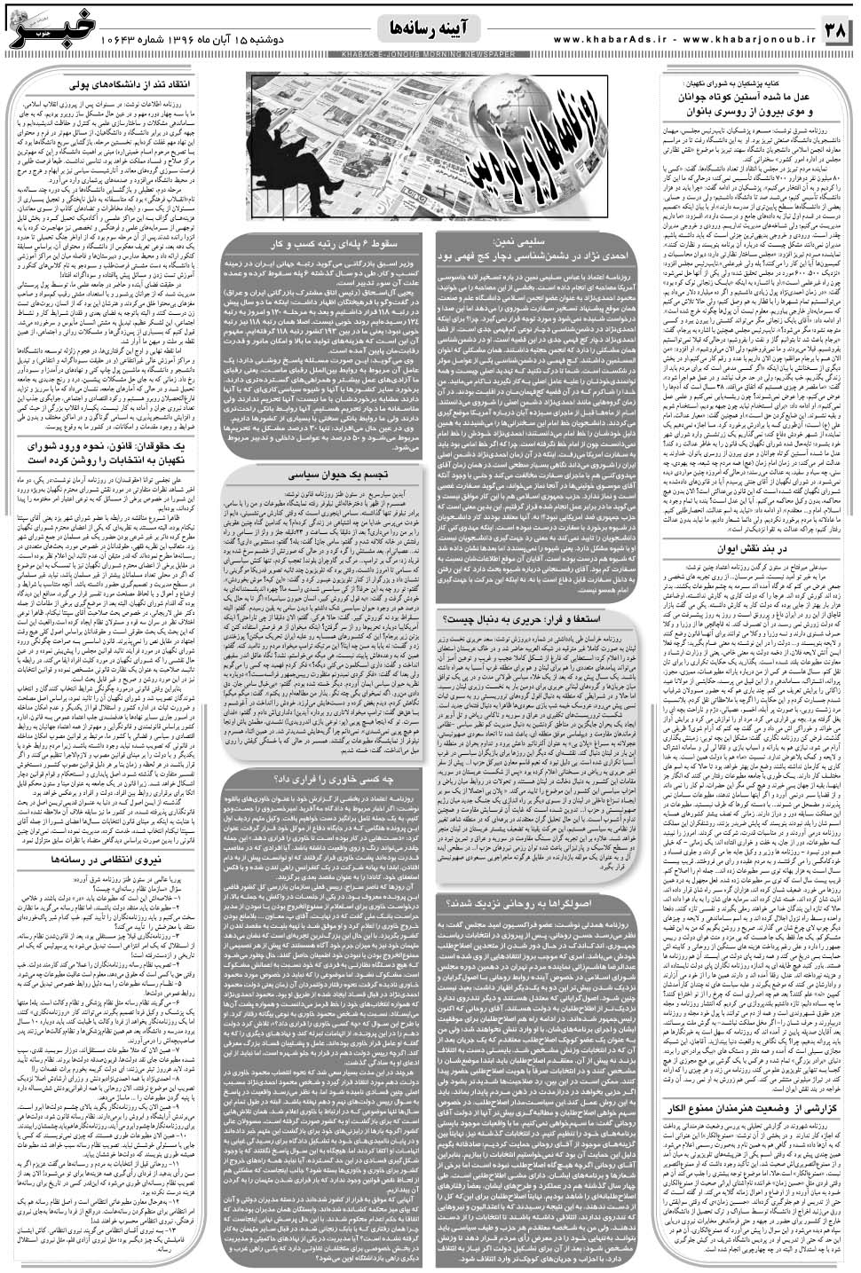 مشاهده صفحه ۳۸ روزنامه خبرجنوب تاریخ ۱۵  سال ۱۳۹۶