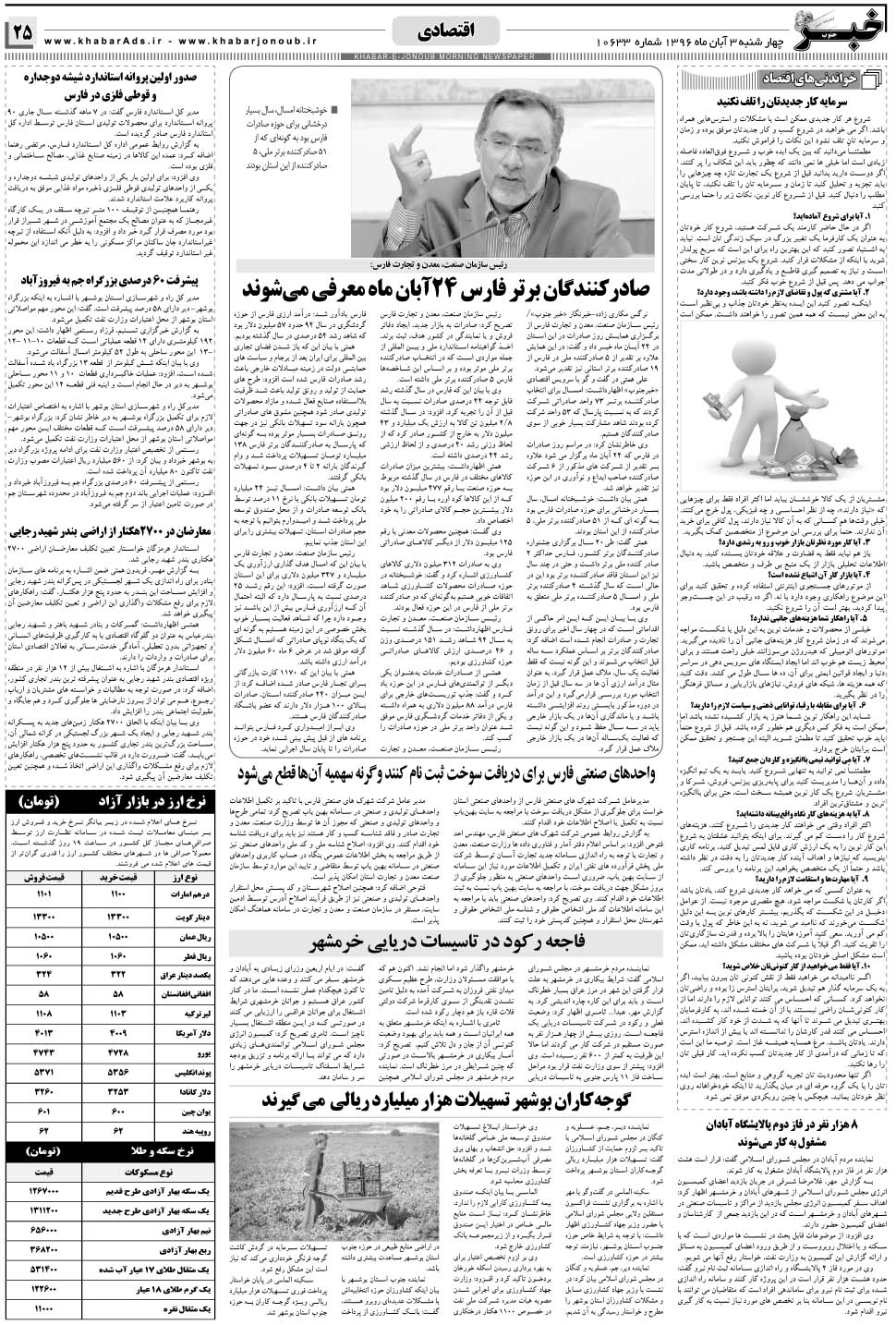 مشاهده صفحه ۲۵ روزنامه خبرجنوب تاریخ ۳  سال ۱۳۹۶