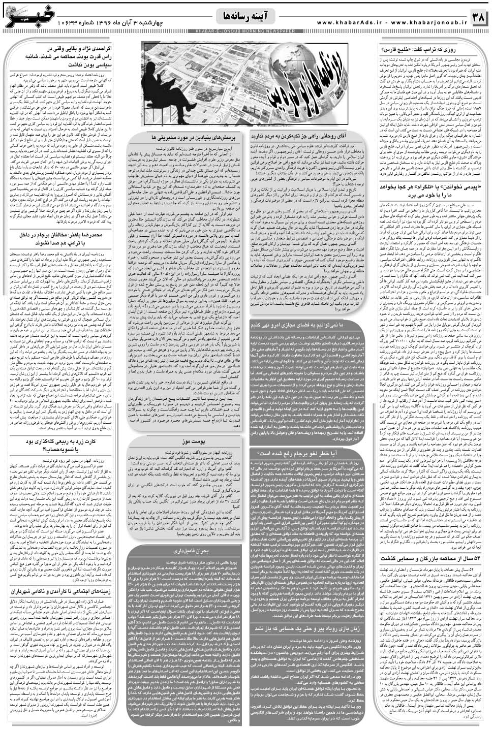 مشاهده صفحه ۳۸ روزنامه خبرجنوب تاریخ ۳  سال ۱۳۹۶