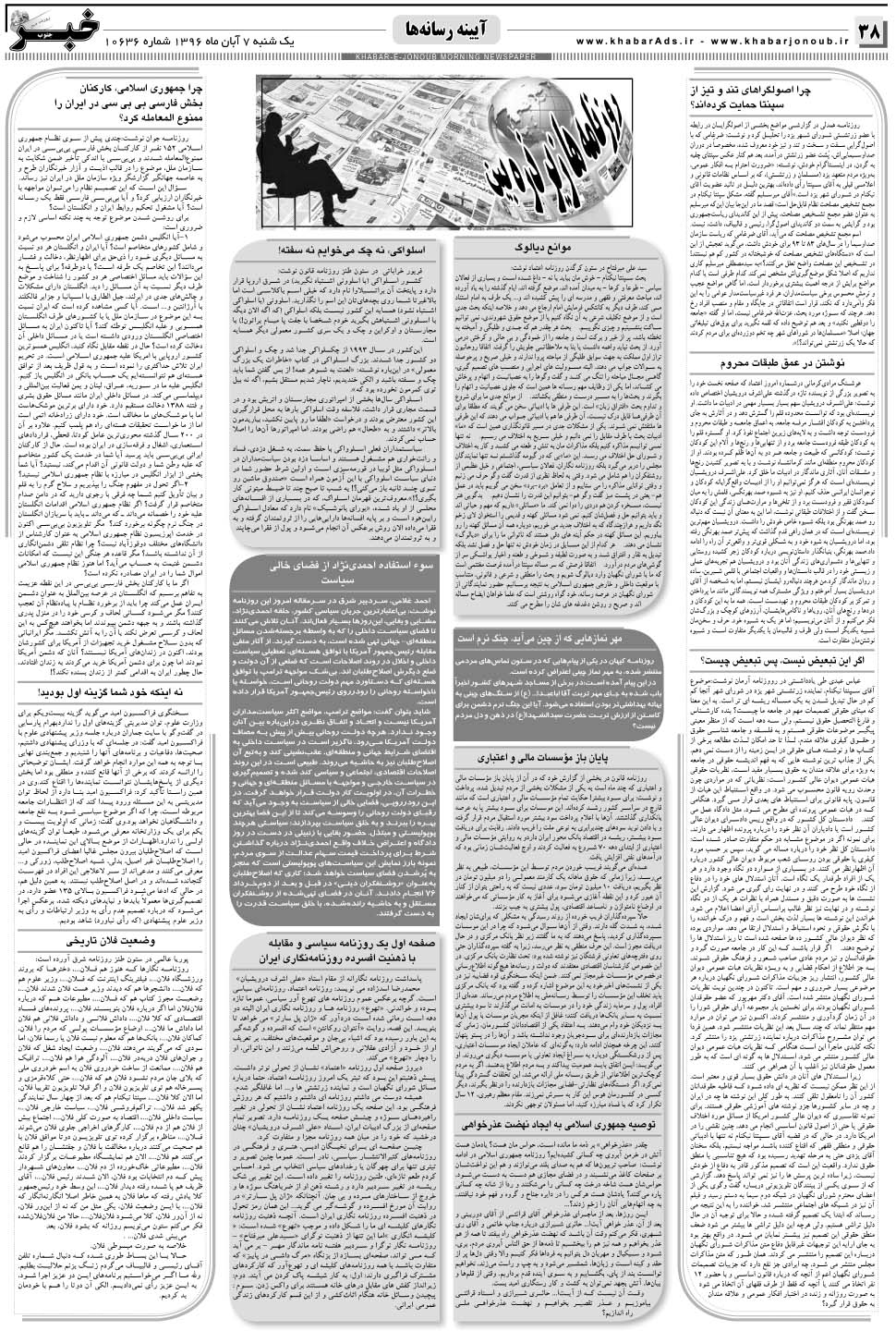 مشاهده صفحه ۳۸ روزنامه خبرجنوب تاریخ ۷  سال ۱۳۹۶