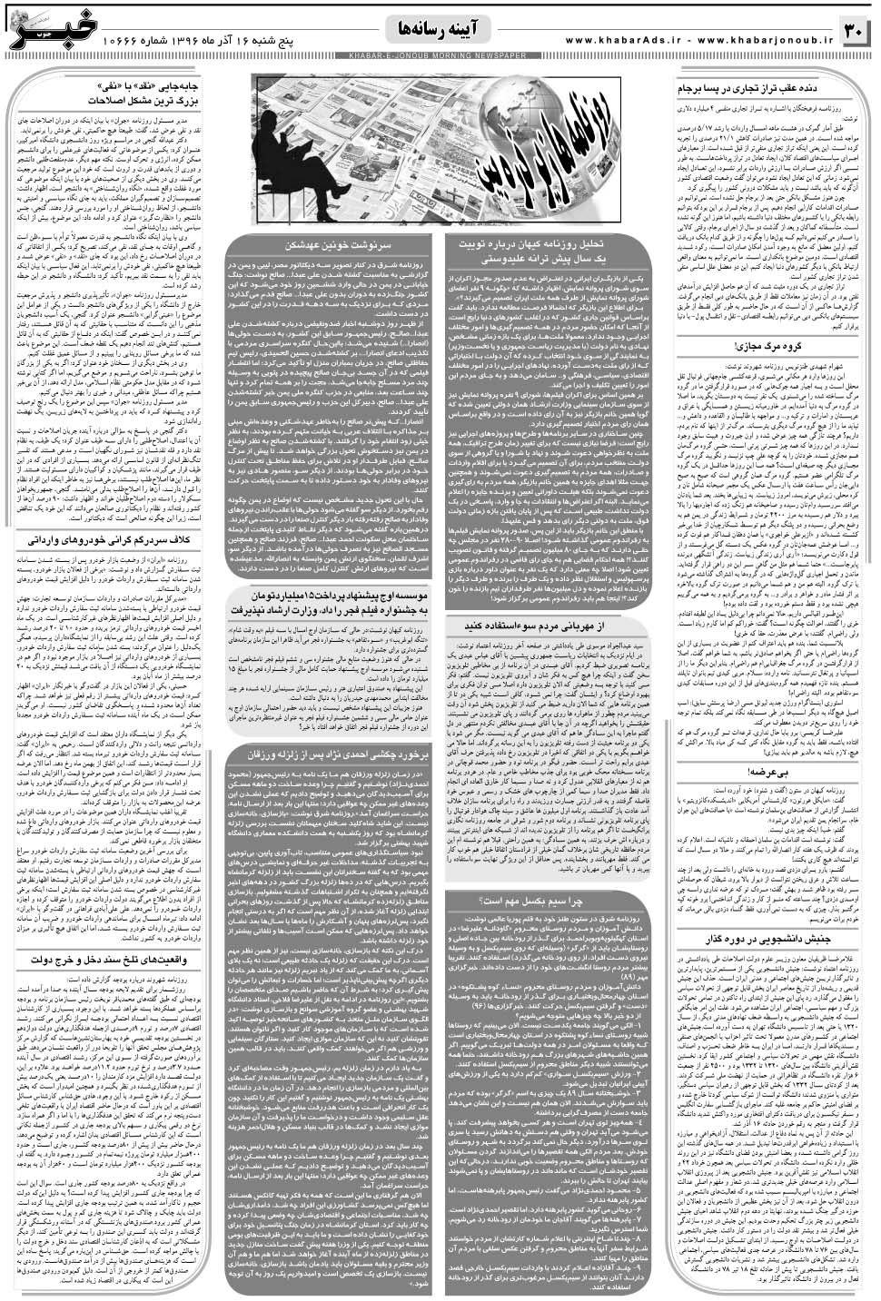 مشاهده صفحه ۳۰ روزنامه خبرجنوب تاریخ ۱۶  سال ۱۳۹۶