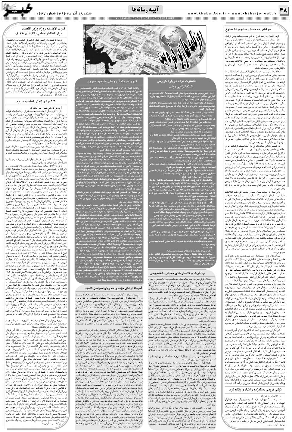 مشاهده صفحه ۳۸ روزنامه خبرجنوب تاریخ ۱۸  سال ۱۳۹۶