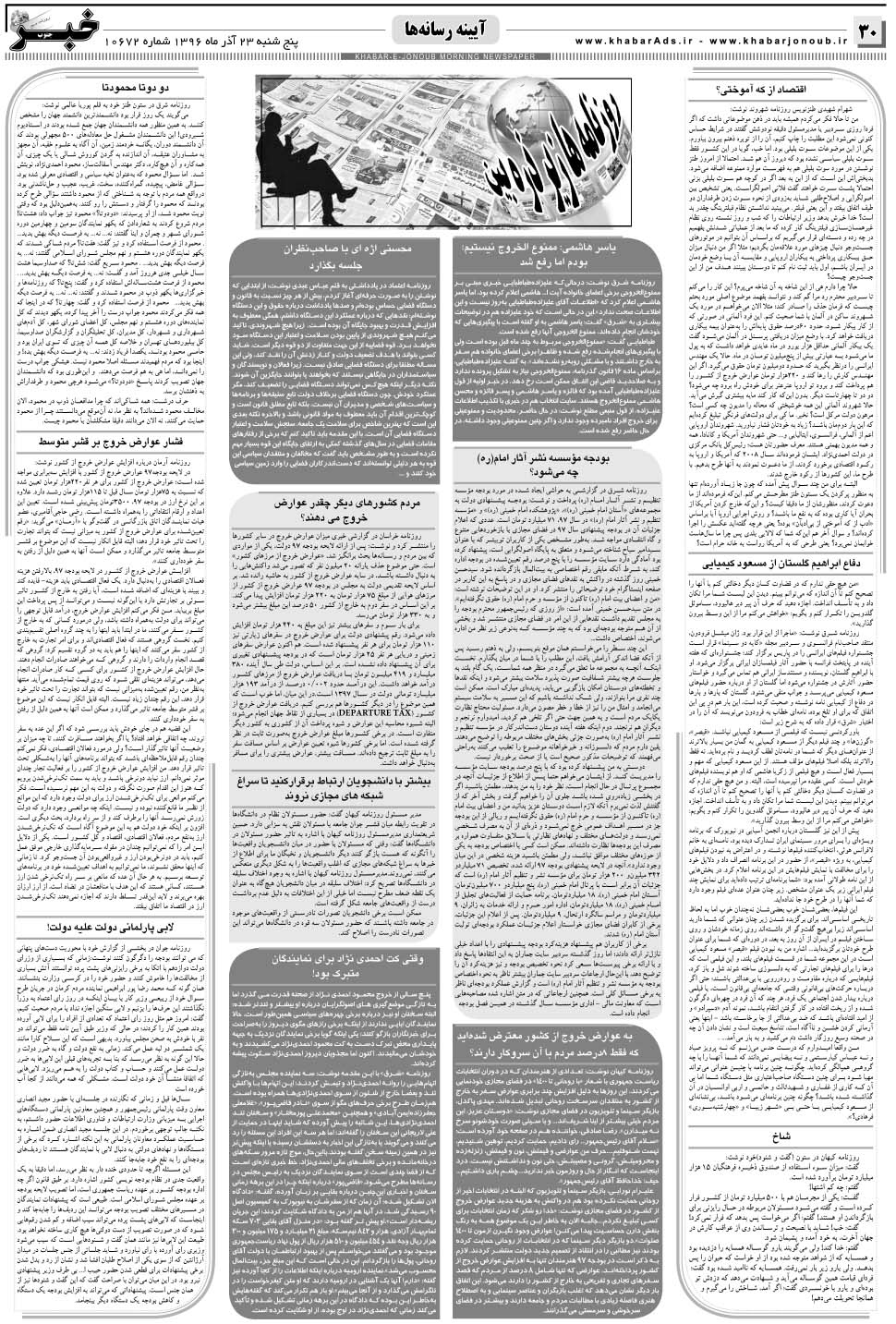 مشاهده صفحه ۳۰ روزنامه خبرجنوب تاریخ ۲۳  سال ۱۳۹۶