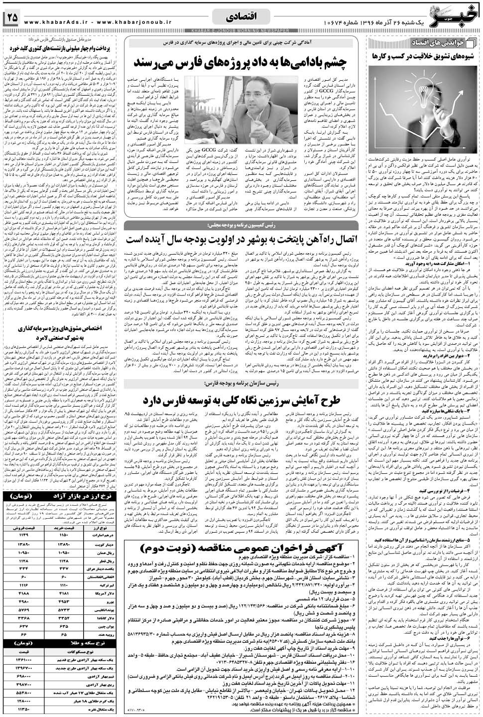 مشاهده صفحه ۲۵ روزنامه خبرجنوب تاریخ ۲۶  سال ۱۳۹۶
