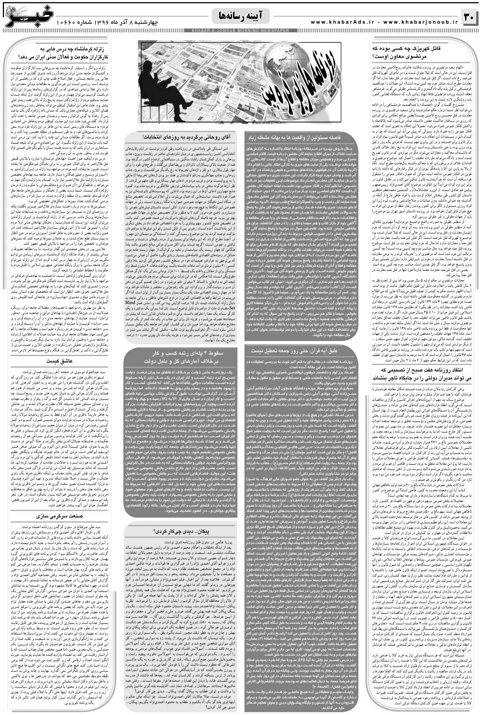 مشاهده صفحه ۳۰ روزنامه خبرجنوب تاریخ ۸  سال ۱۳۹۶