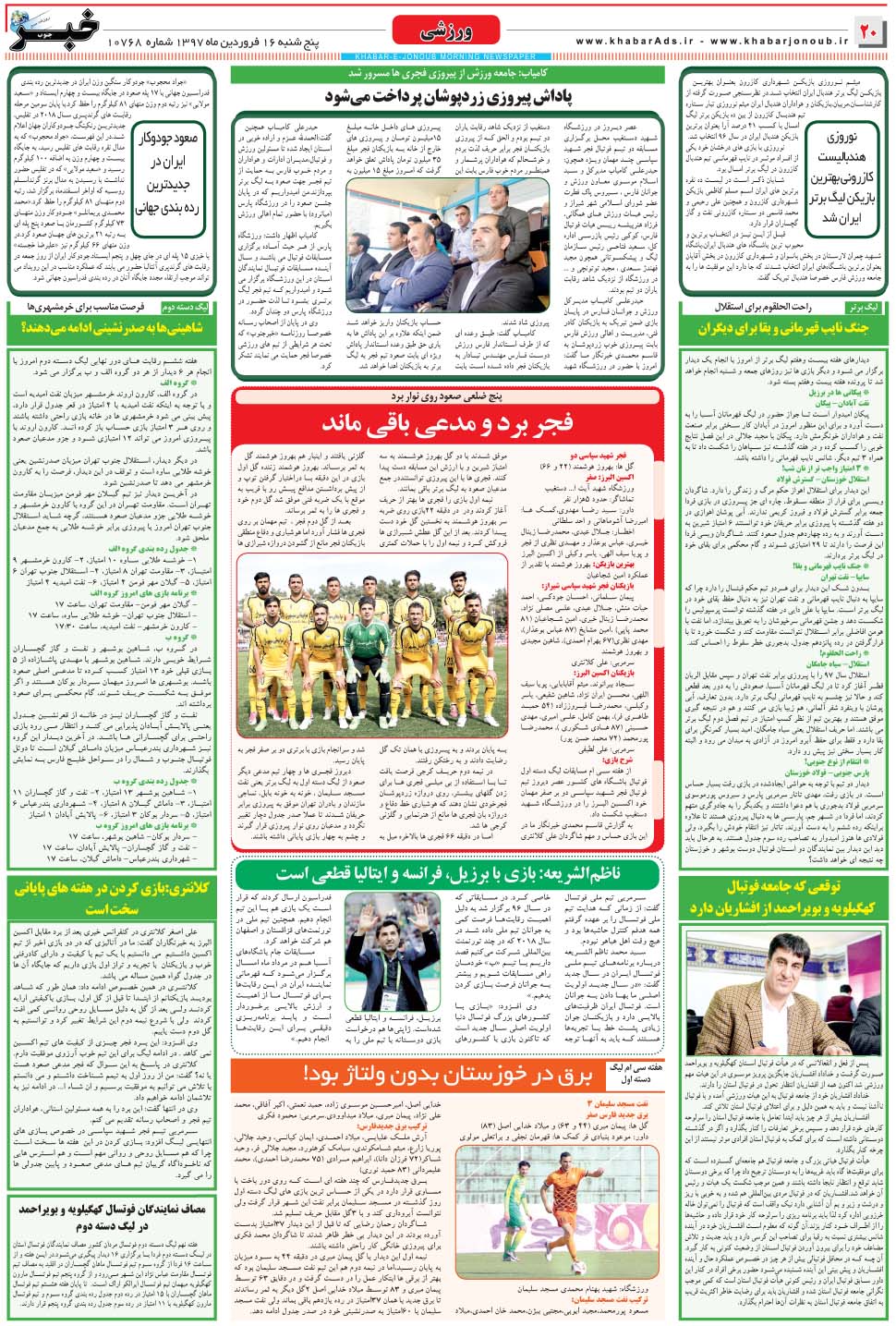 مشاهده صفحه ۲۰ روزنامه خبرجنوب تاریخ ۱۶  سال ۱۳۹۷