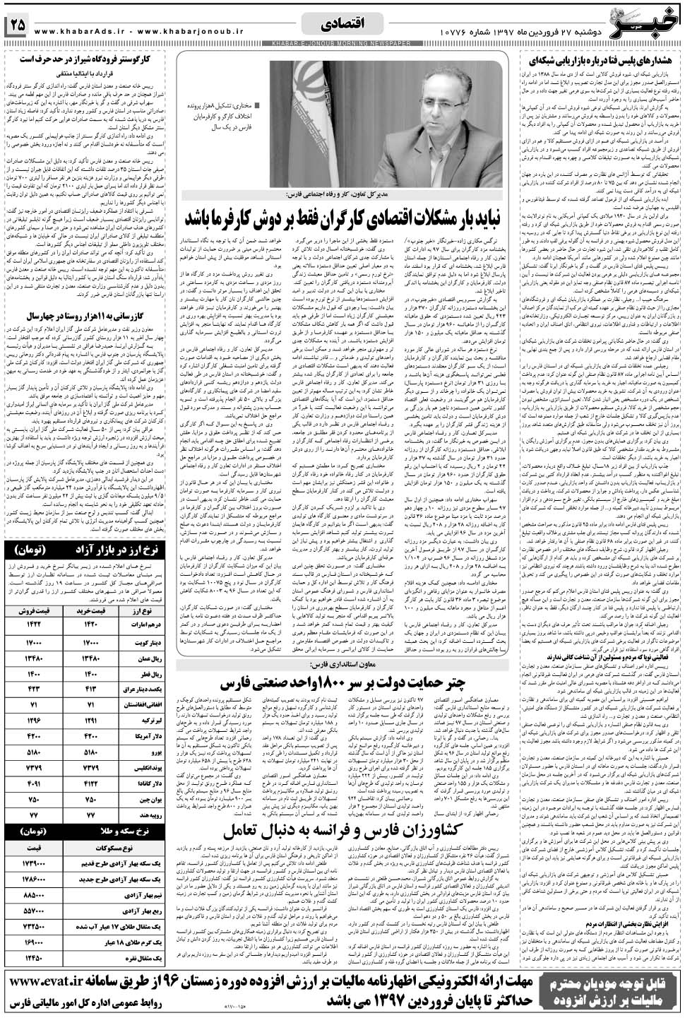 مشاهده صفحه ۲۵ روزنامه خبرجنوب تاریخ ۲۷  سال ۱۳۹۷