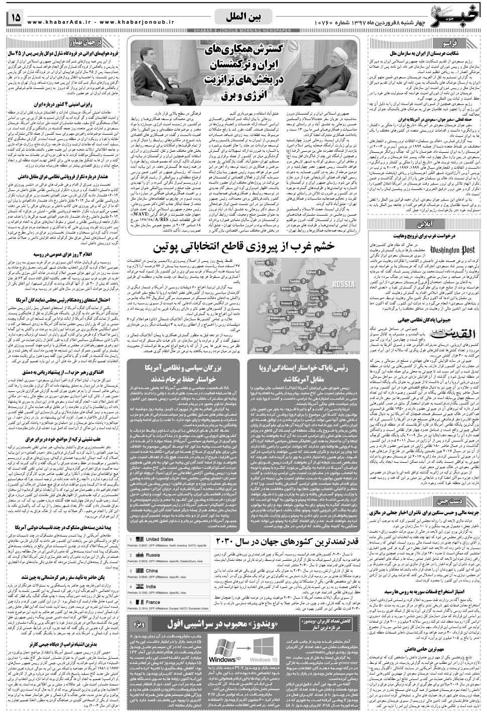 مشاهده صفحه ۱۵ روزنامه خبرجنوب تاریخ ۸  سال ۱۳۹۷