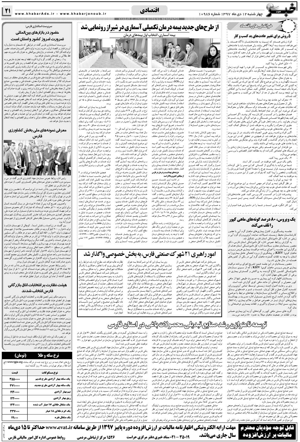 مشاهده صفحه ۲۱ روزنامه خبرجنوب تاریخ ۱۲ دی سال ۱۳۹۷