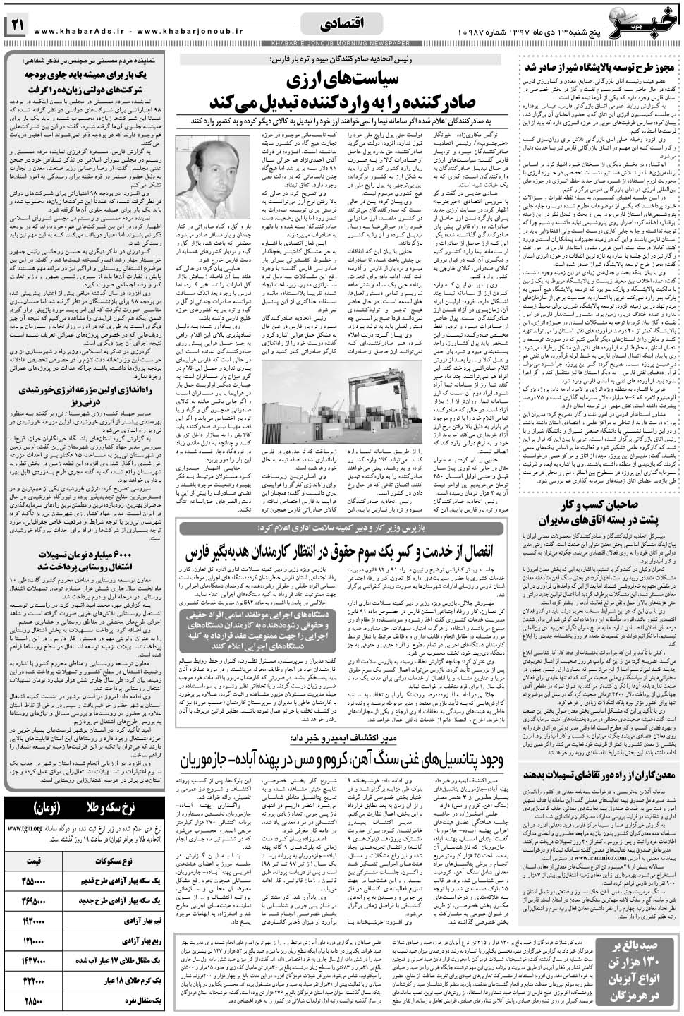مشاهده صفحه ۲۱ روزنامه خبرجنوب تاریخ ۱۳ دی سال ۱۳۹۷