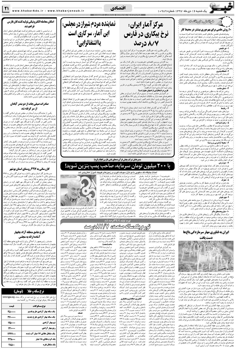 مشاهده صفحه ۲۱ روزنامه خبرجنوب تاریخ ۱۶ دی سال ۱۳۹۷
